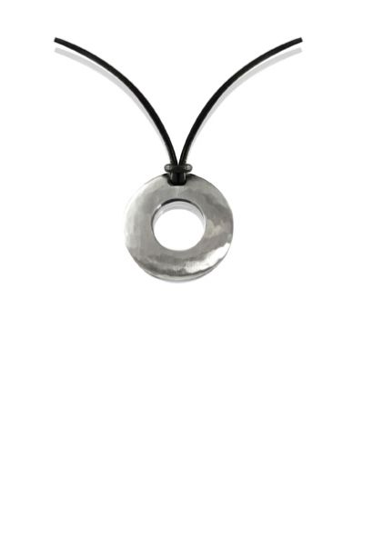 Forged round pendant with leather necklace